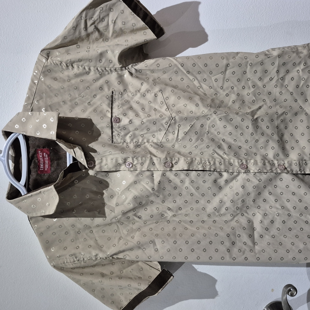 Tan Casual Button Down Shirt with Geometric Pattern
